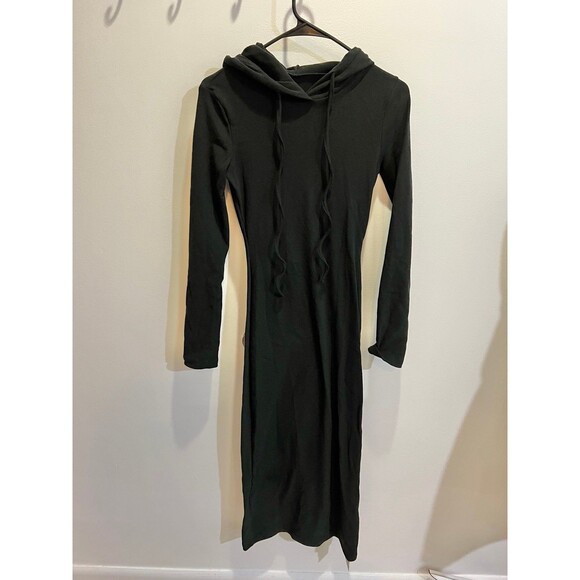 Commense NWT Women Black Drop Shoulder Drawstring Hooded Dress Loungewear Chic - Picture 6 of 12